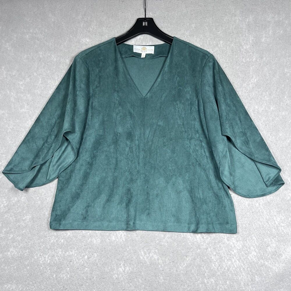 Anna Cate Blouse Shirt V-Neck Women Size Medium Green Velvet Flowy Sleeves